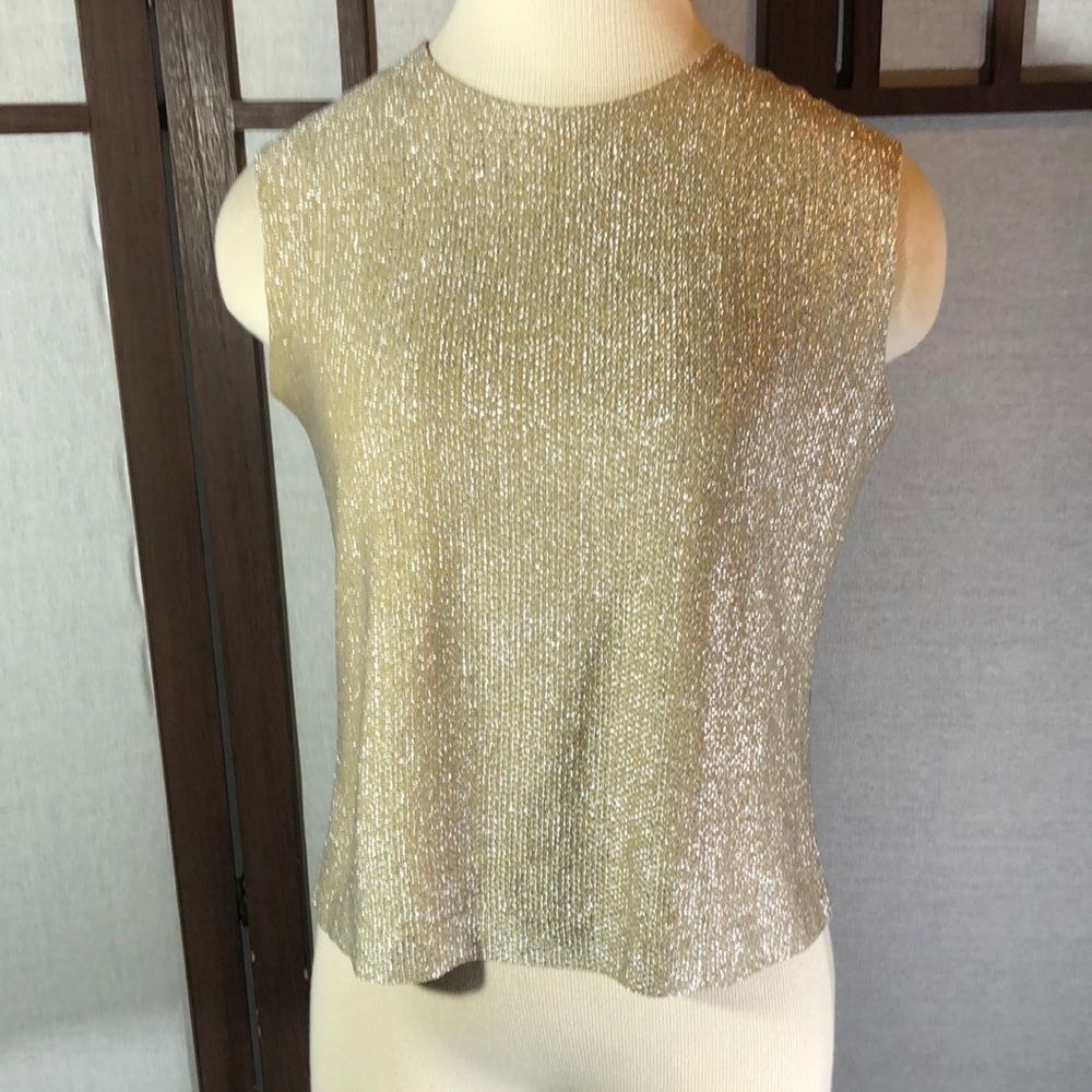 Vintage gold metallic  sleeveless/high scoop neck/small? top/exposed zipper